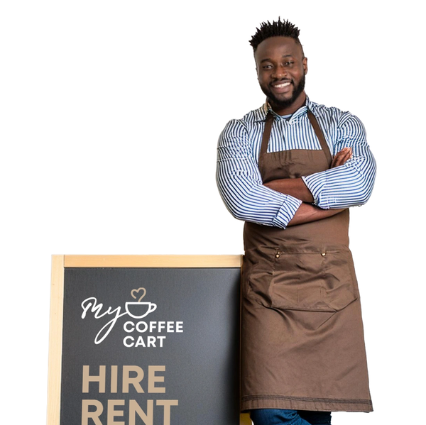 Man with My Coffee Cart Sign Hire Rent Buy