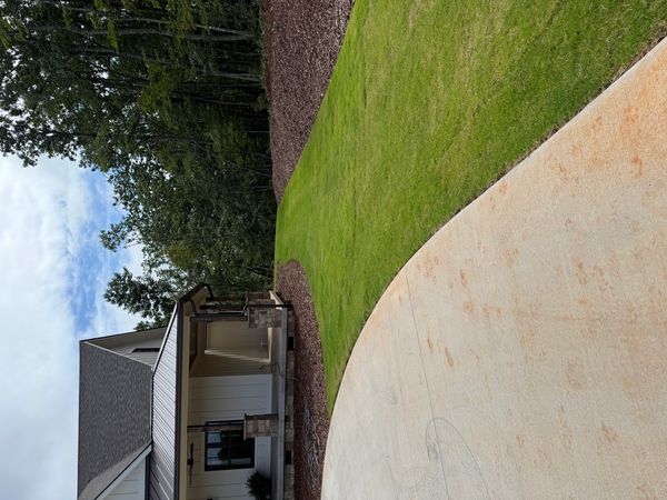 Modern house with fresh green lawn and concrete driveway.