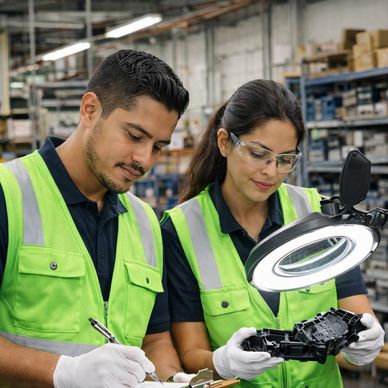 Dos técnicos inspeccionan una pieza en una fábrica.
