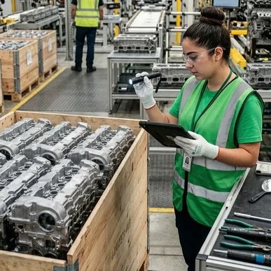 Mujer inspeccionando piezas en fábrica con tablet.