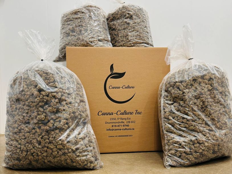 Sacs et boites de fleurs séchées de cannabis en vrac