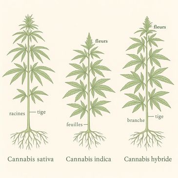 Illustration de 3 plants de cannabis, sativa, indica et hybride pour les différencier