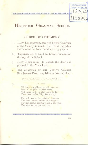 Hertford Grammar School
Order of Ceremony