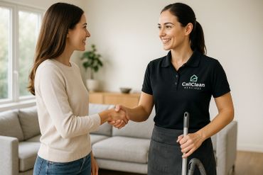 Call Clean staff member greeting a client with a friendly and professional approach. Personalized cl