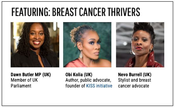 Dawn Butler MP, Obi Kolia, and Nevo Burrell - breast cancer thrivers and advocates, featured in Davi
