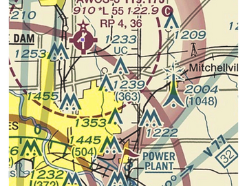 Section of an aeronautical chart showing terrain elevations and navigational aids.