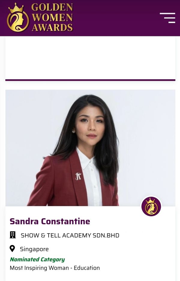 Certificate showing Sandra Constantine as the Nominee of the Most Inspiring Woman - Education 2024