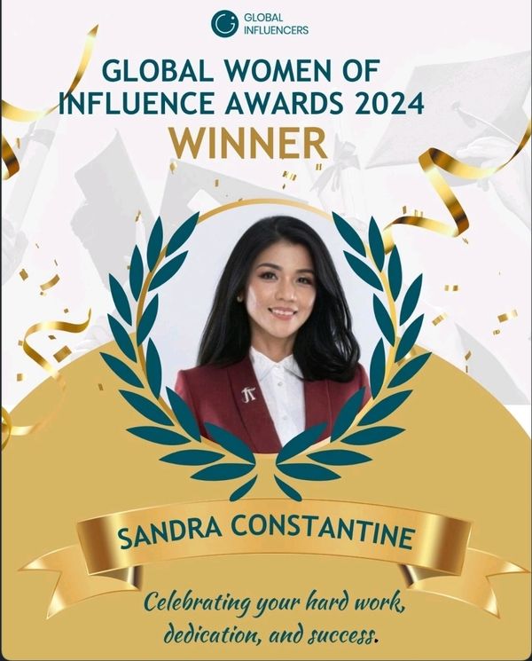 Certificate showing Sandra Constantine as the Winner of the Global of Women Influence Award 2024