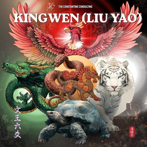 Illustration of mythical creatures surrounding a white tiger with bold text 'King Wen (Liu Yao)'.