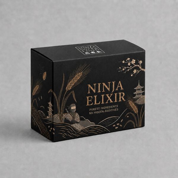 Black box of Ninja Elixir with elegant gold illustrations and text.