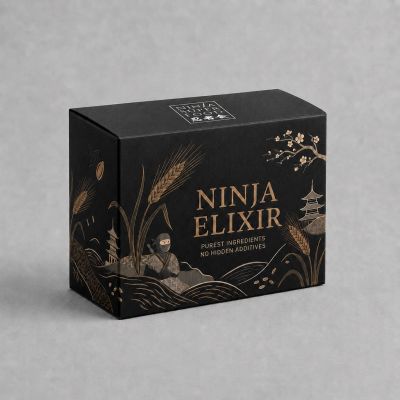 Black box of Ninja Elixir with elegant gold illustrations and text.