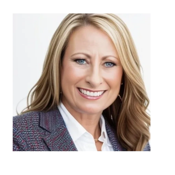 Professional woman smiling with blonde hair and blue eyes.