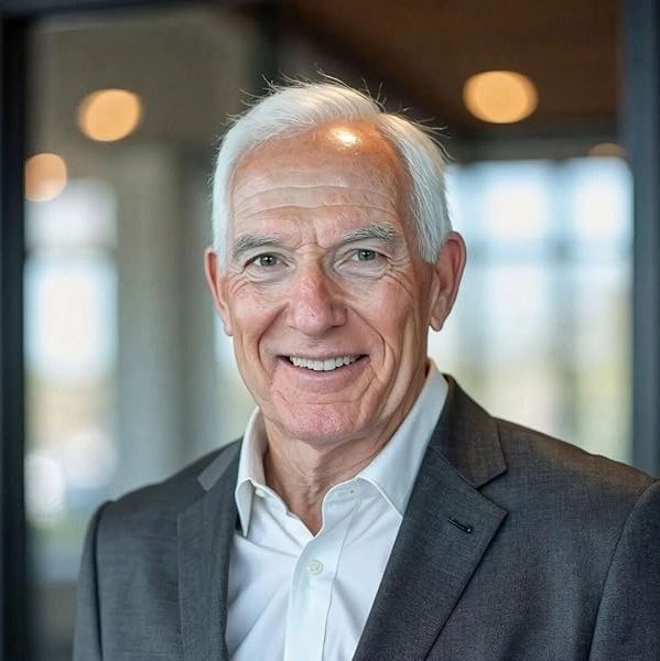 Smiling elderly man in a gray suit and white shirt.