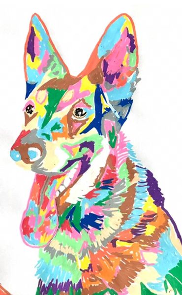 colorful painting of dog German Shepherd. Joe Biden dog Major. wendy byard. wordgirlmarketing.com