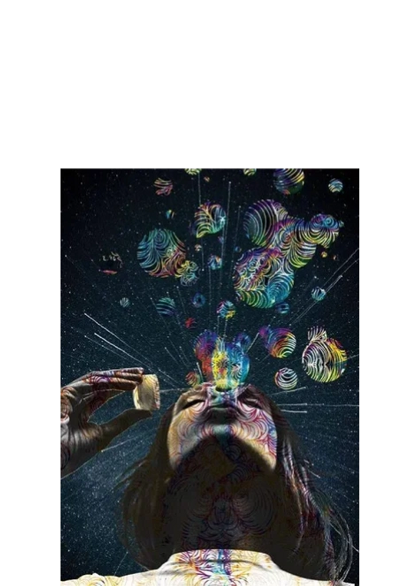 Person with psychedelic patterns and colorful bubbles emerging from mouth.