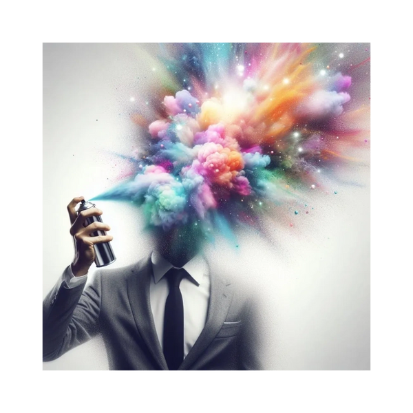 A man in a suit sprays colorful clouds from his head, blending imagination and creativity.