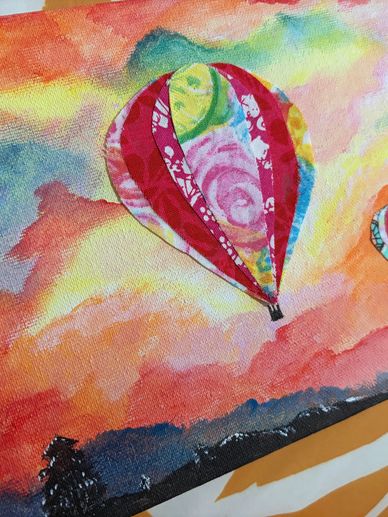 OliveCo's original artwork is a vibrant, mixed‑media creation that blends bold color, handcrafted de