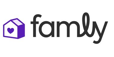 Logo of a brand named 'famly' with a house icon and heart.