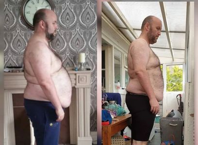 Client pre and post: 1 year, 5 stone lost!