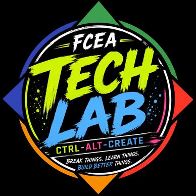 FCEA Tech Lab logo with vibrant colors and tech-inspired text.