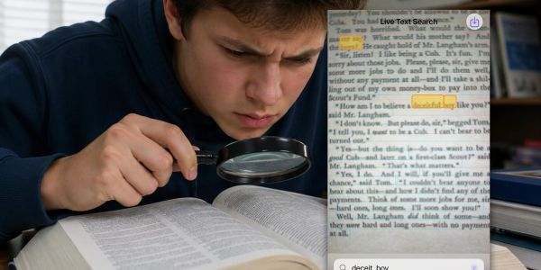 Young man examining book text with magnifying glass.