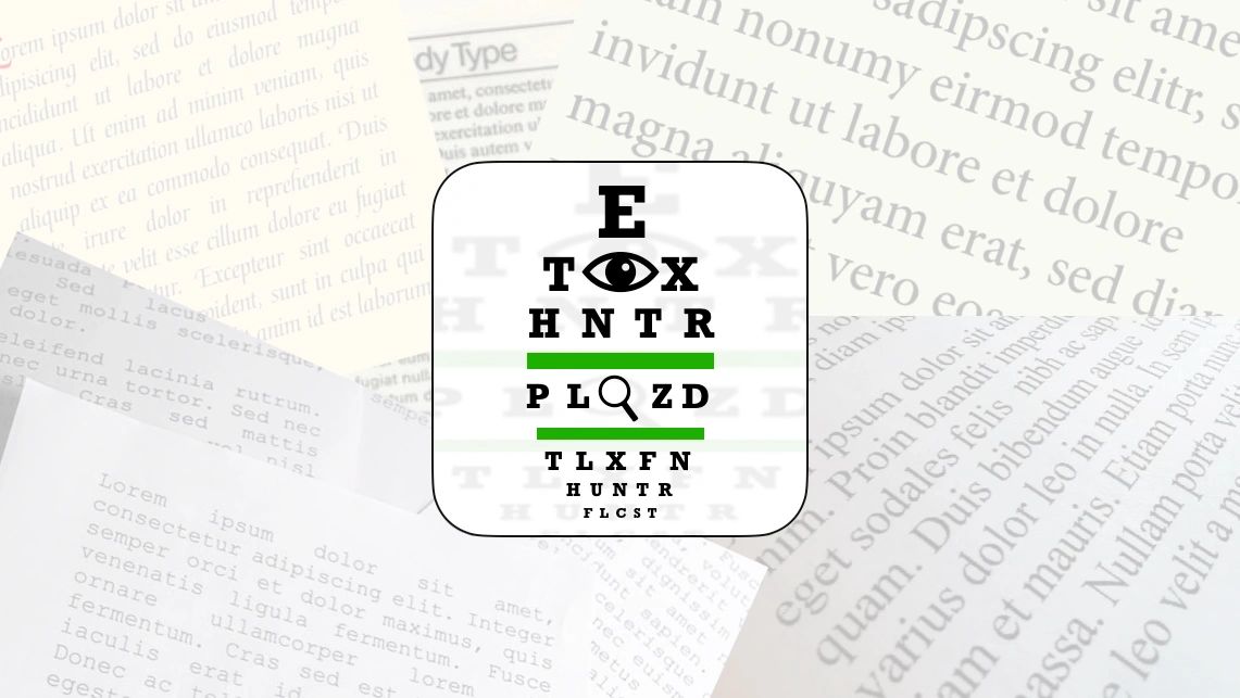 Creative eye chart with letters and magnifying glass icons.