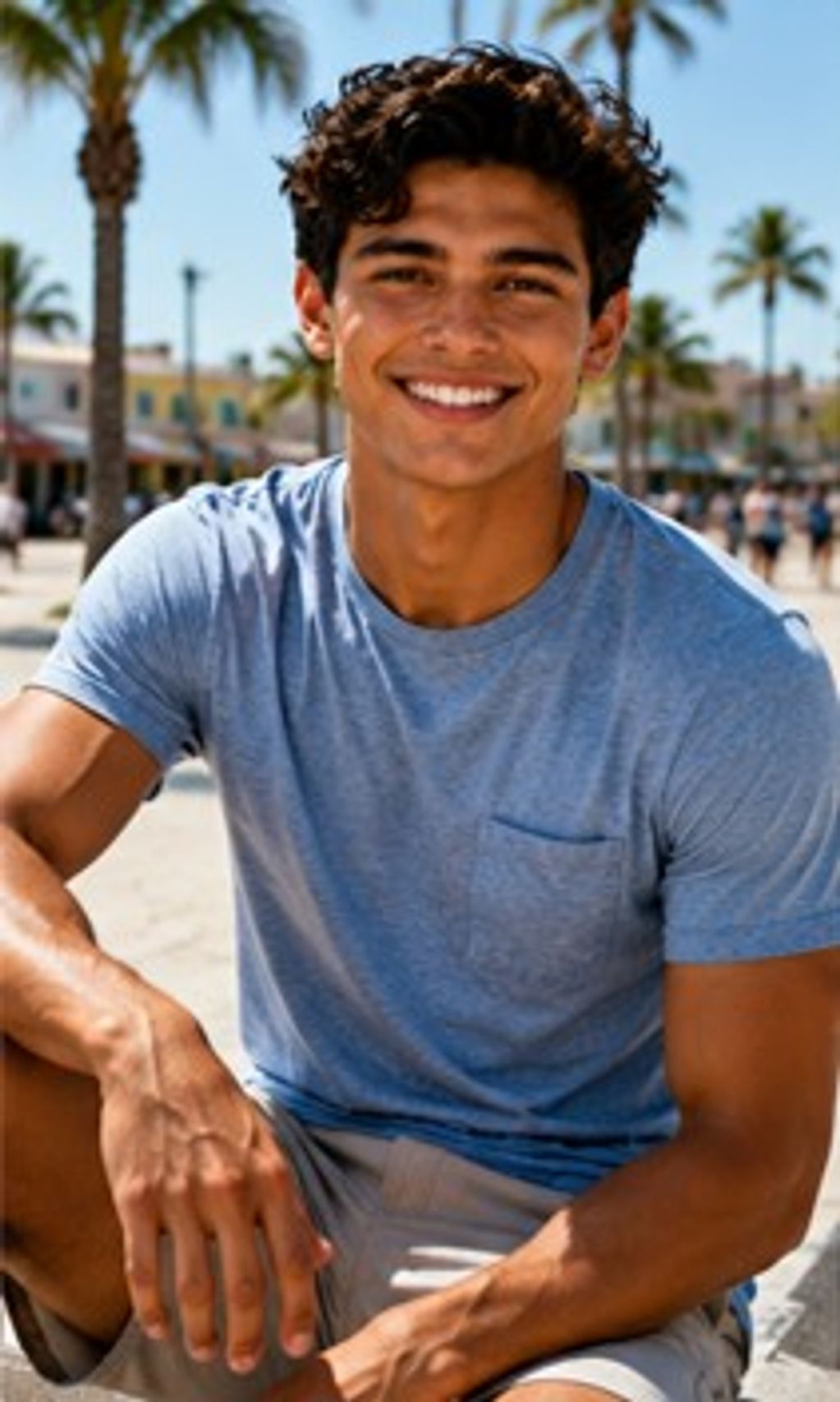 Smiling young man outdoors with palm trees in background.