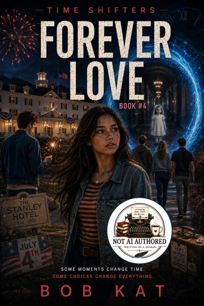 Book cover of "Forever Love" by Bob Kat, featuring a young woman and a portal.