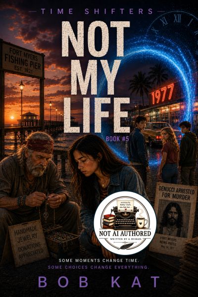 Book cover for "Not My Life," showing sunset pier and characters with time travel theme.