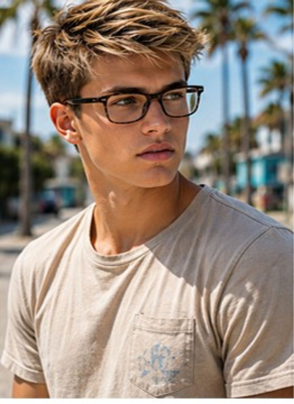 Young man with glasses and tousled hair outdoors.