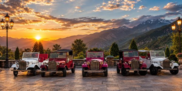 Vintage cars lined up at sunset with mountains in the background.