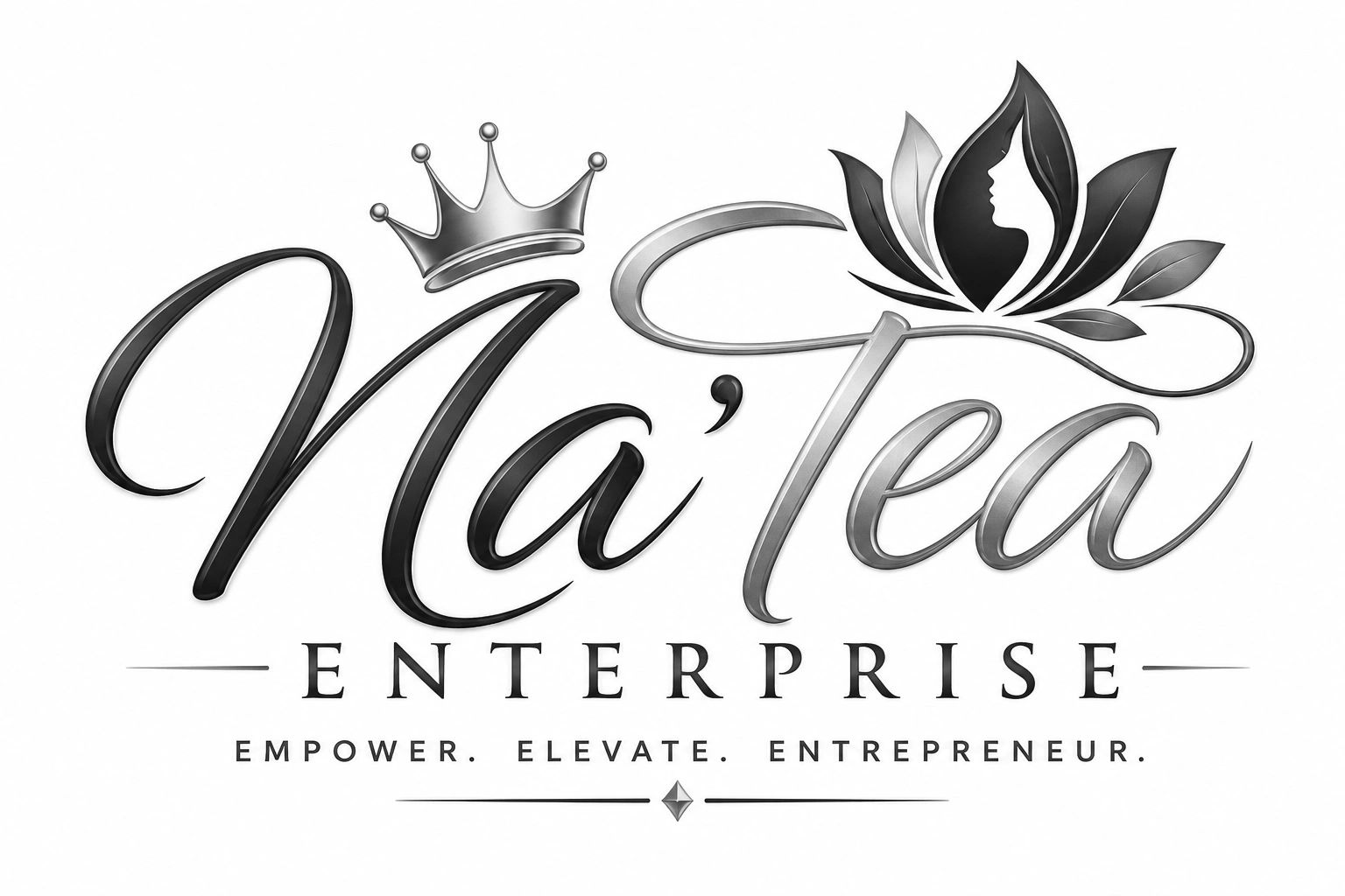 Logo for Ma'Tea Enterprise with a crown and floral design.