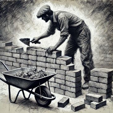 Black and white sketch of a mason building a brick wall.