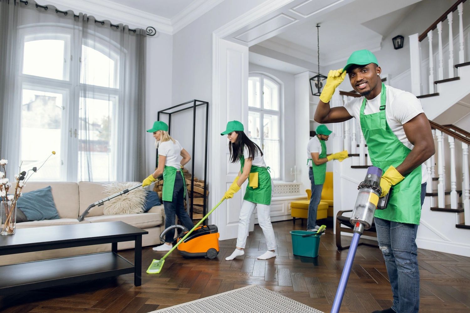A crew of cleaners working together in a customer's home.