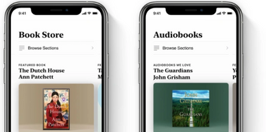 Two Apple phones, one showing a bookstore and one showing an audio bookstore