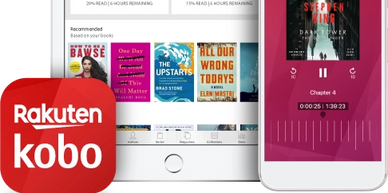 A reader device and a phone, showing the Kobo bookstore