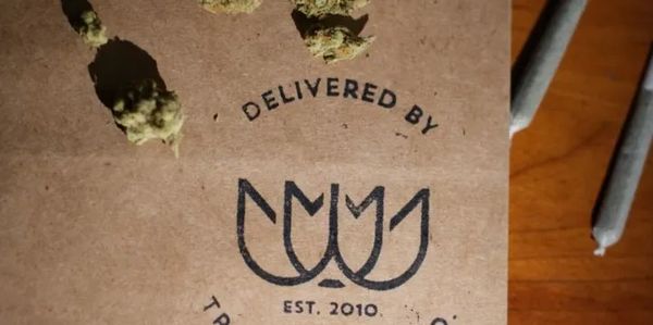 Packages with cannabis buds and pre-rolled joints on a branded delivery bag.