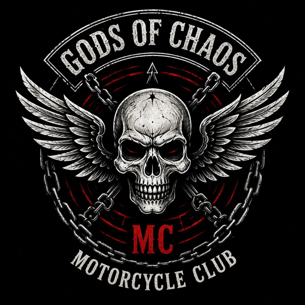 Skull with wings and chains logo for Gods of Chaos Motorcycle Club.