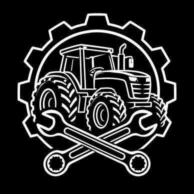 Black and white tractor with crossed wrenches logo.