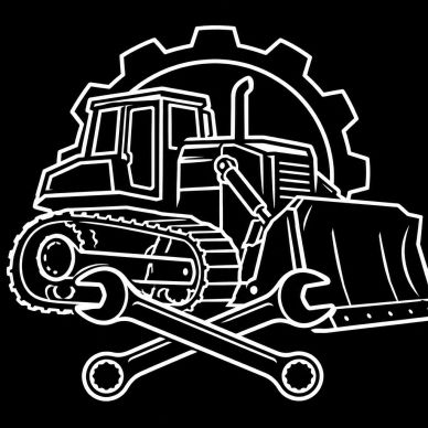 Bulldozer with crossed wrenches and gear background.