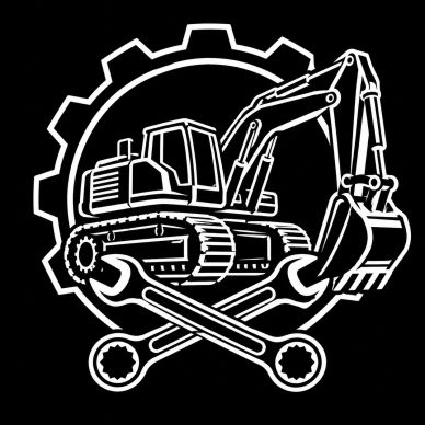 Black and white construction equipment and tools logo.