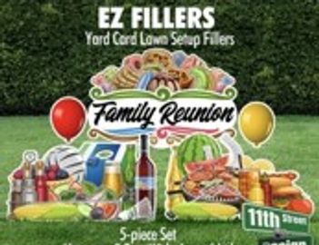 Family reunion yard card lawn setup with colorful balloons and party items.