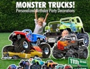 Colorful monster truck party decorations for kids' birthdays.