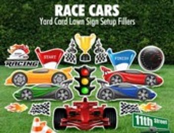 Colorful race car yard sign fillers with various designs.