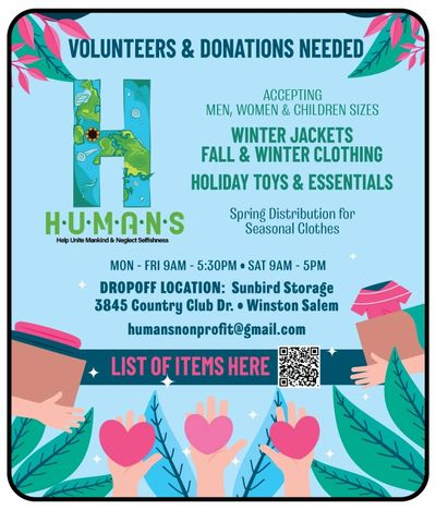HUMANS is a non-profit donations, homeless support Winston Salem