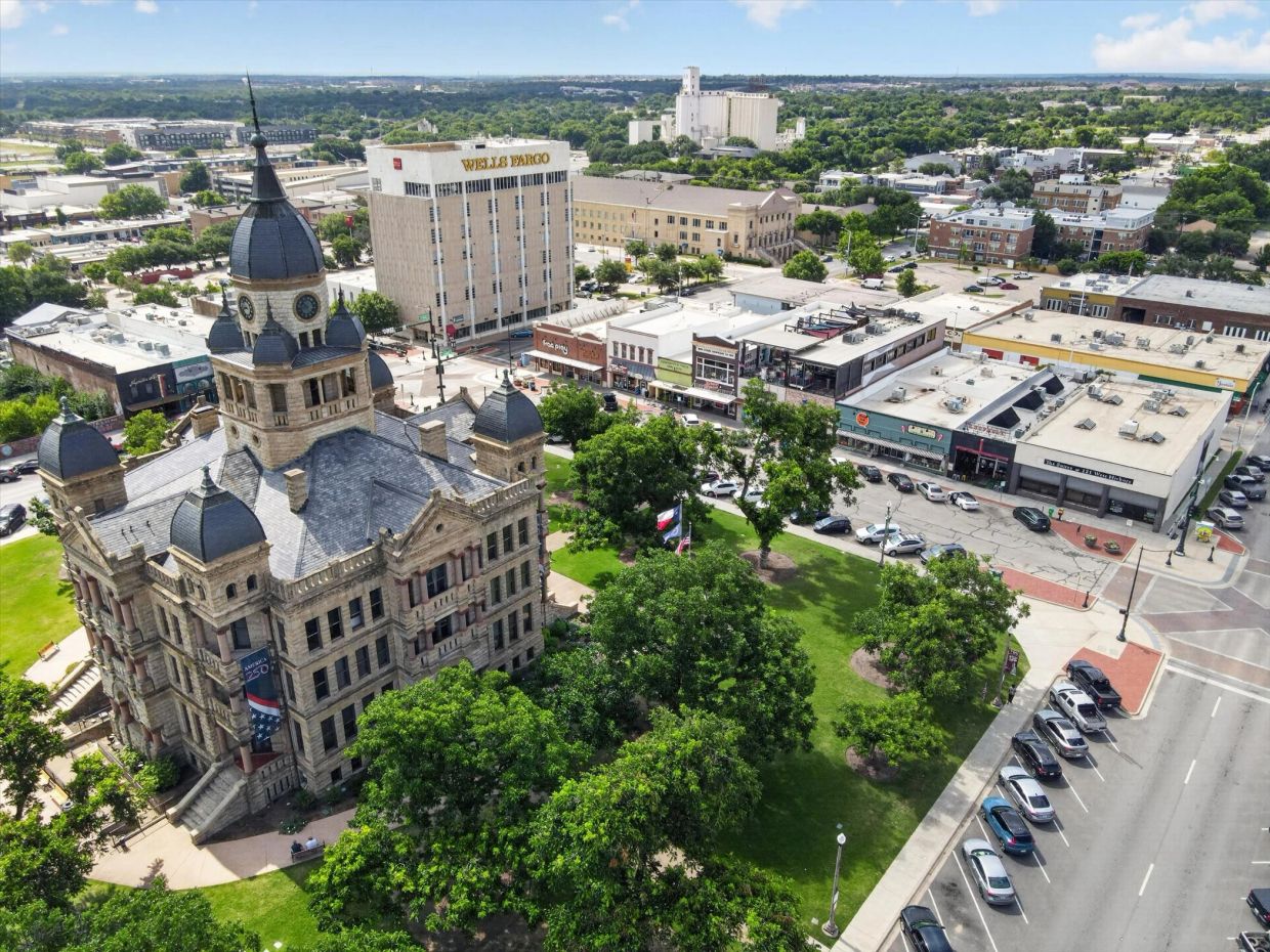 Historic courthouse and downtown area with Wells Fargo building.
