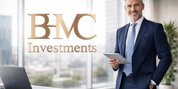 Confident businessman in a modern office holding a tablet with BMC Investments logo.