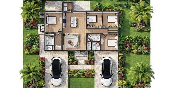 Top-down view of a modern house floor plan with lush garden and two parked cars.