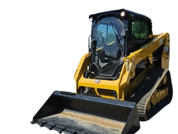 Yellow tracked skid steer loader with bucket attachment.
