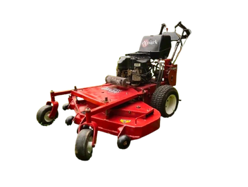A red commercial lawn mower with large rear wheels and a seat.